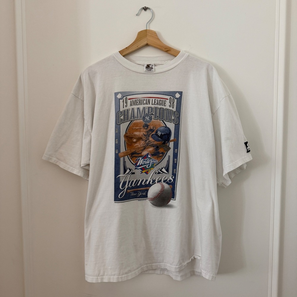 Vintage New York Yankees Starter T-Shirt Mens XL White 1998 Champions Graphic